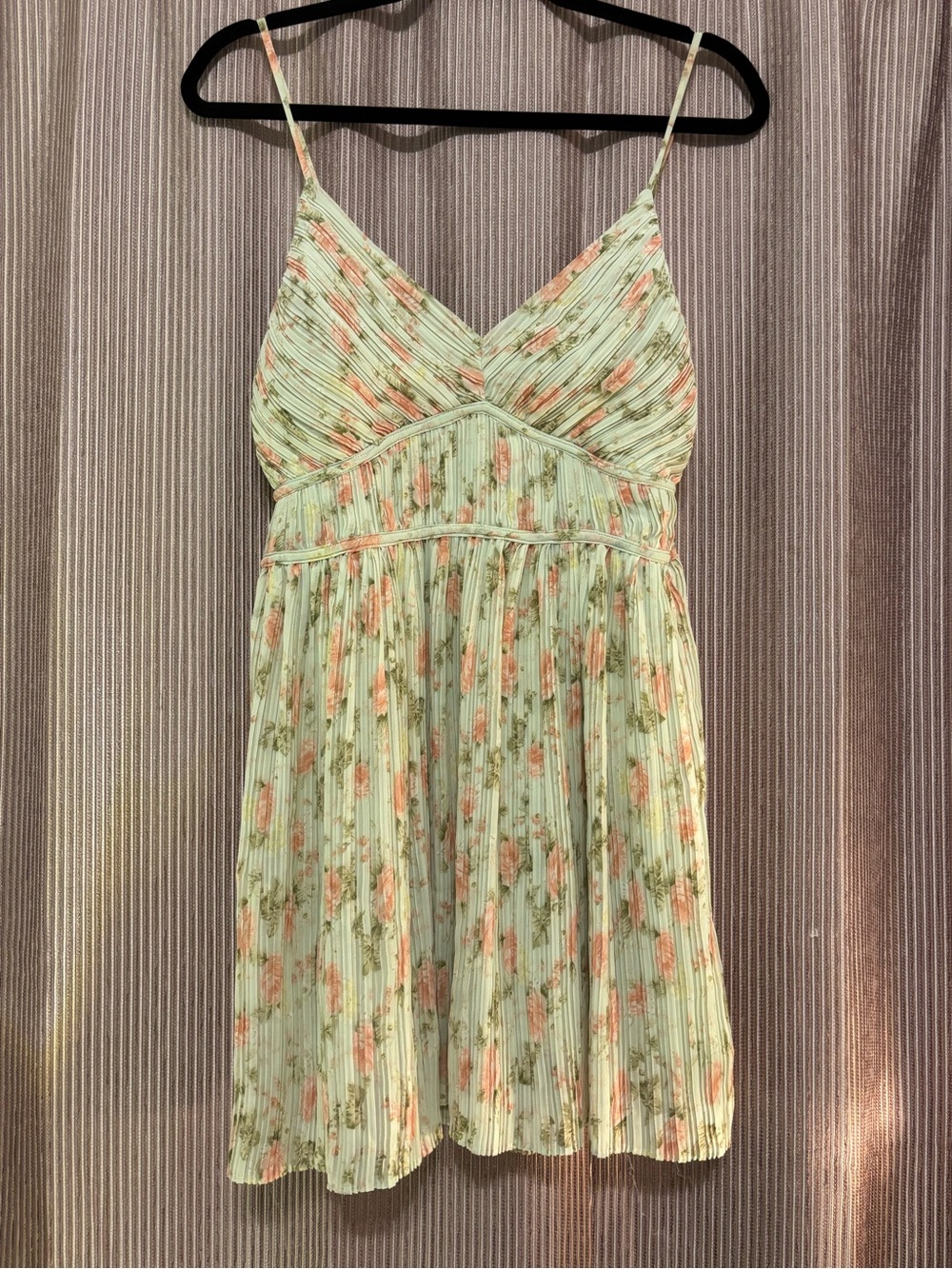 All in Favor Mint and Peach Floral Pleated Spaghetti Strap Dress